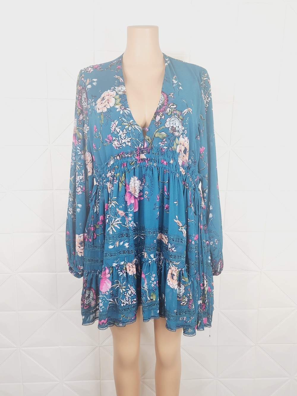Free People Teal Dress with Pink Bird Print
